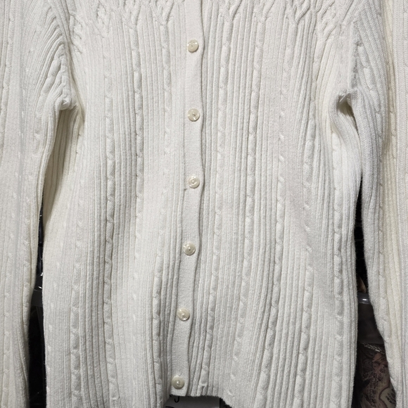 ​Liz Claiborne Vintage White Cotton Cable Knit Cardigan Sweater Cottagecore L - Picture 5 of 7